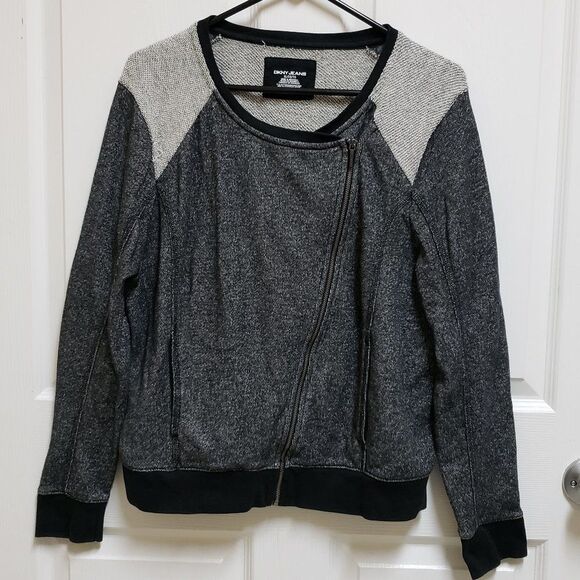 DKNY Jeans Womens XL Gray Black Asymmetrical Zip Sweater Jacket Long Sleeve - Picture 1 of 7